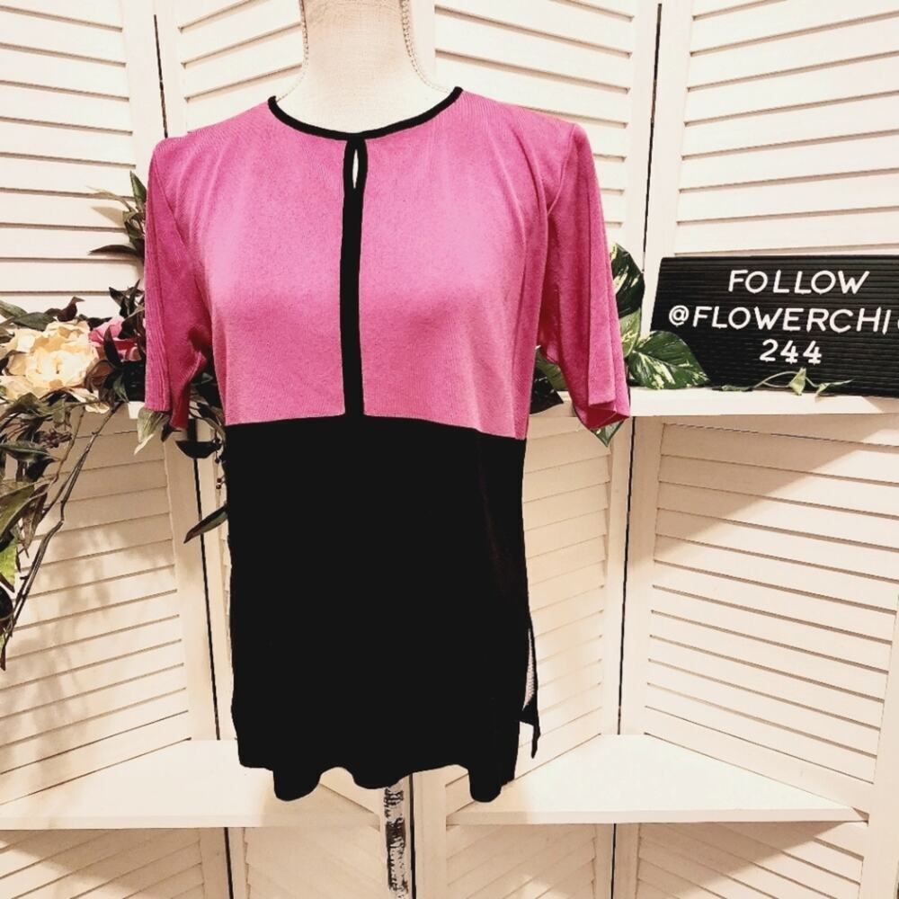 MISOOK PETITE COLORBLOCK BLOUSE BLACK / PINK SLIT SLEEVE SIZE MED
